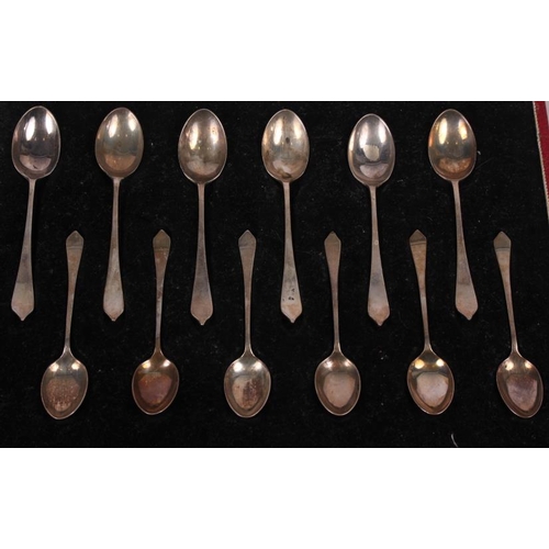 275 - Twelve silver teaspoons, in fitted case, and a set of six silver teaspoons with hardstone inlay (dam... 