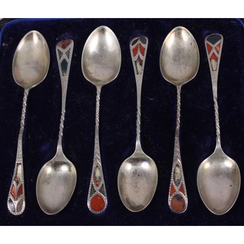 275 - Twelve silver teaspoons, in fitted case, and a set of six silver teaspoons with hardstone inlay (dam... 