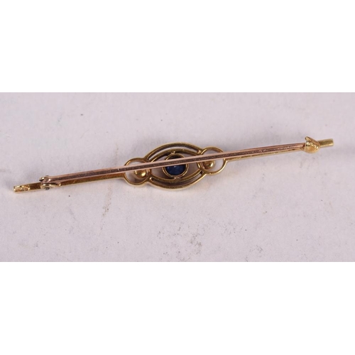 294 - A Victorian yellow metal, stamped 15c, sapphire and seed pearl bar brooch, another Victorian yellow ... 