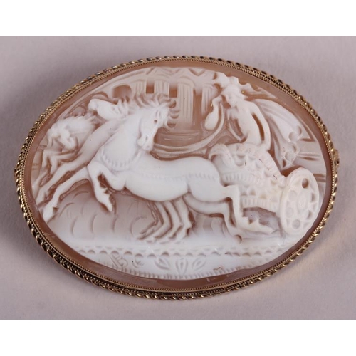 297 - A carved shell cameo, Apollo in his chariot, in 9ct gold brooch mount, a white metal and amethyst ba... 