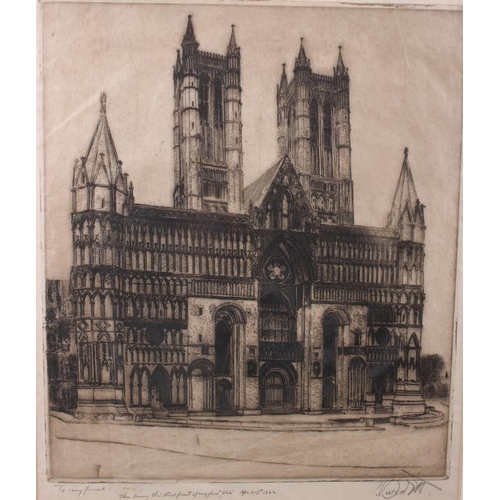 332 - An etching of Lincoln Cathedral, in Hogarth frame, and two similar etchings