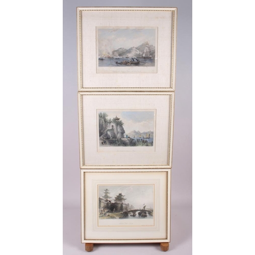 334 - Six coloured prints, views of Peking and Macao, in cream frames