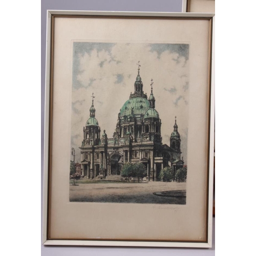 335 - Four Continental colour prints of buildings, indistinctly signed, in white and gilt frames