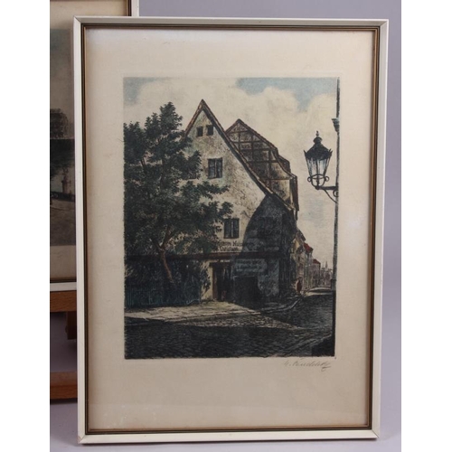 335 - Four Continental colour prints of buildings, indistinctly signed, in white and gilt frames