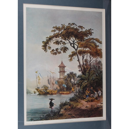 336 - After Auguste Borget: eight prints, various scenes of Macau, Hong Kong and others, in gilt frames