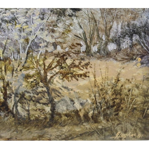 354 - Gerald Hughes: oil on panel, a woodland common, 7