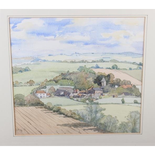 355 - D T: watercolours, hillside view with cottages, 10 1/2