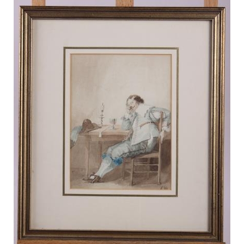 376 - D Bristow: pencil and watercolour, inn scene, in maple frame, and a 19th century watercolour sketch ... 