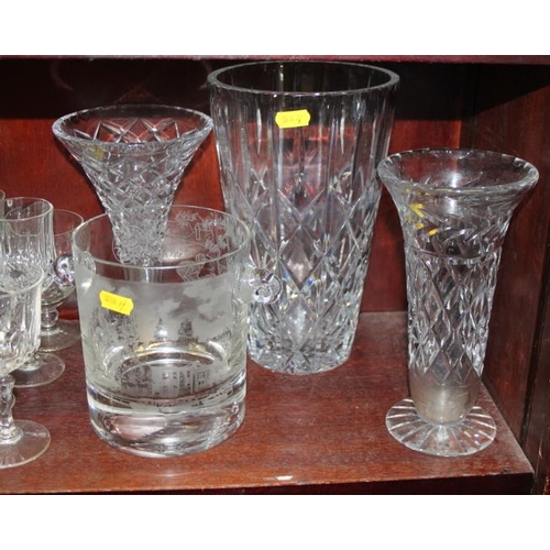 44 - An etched glass ice bucket, vases, whisky tumblers, ashtrays and other glassware