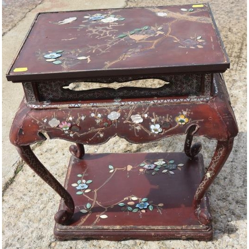 455 - A late 19th century Chinese lacquer, stone, mother-of-pearl and enamel decorated two-tier table, on ... 