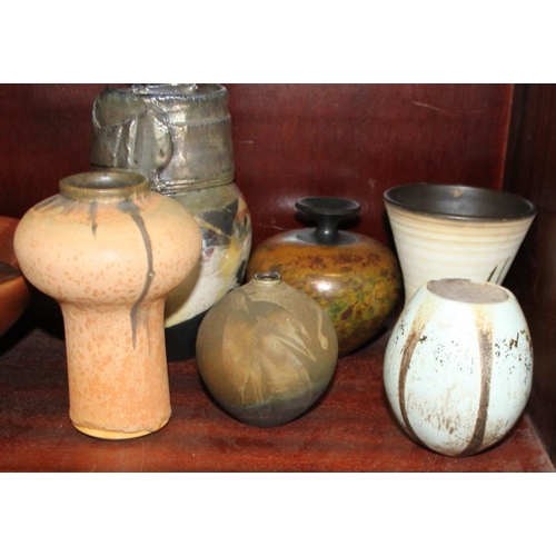 49 - Three pieces of Raku studio pottery and a quantity of studio pottery and other china