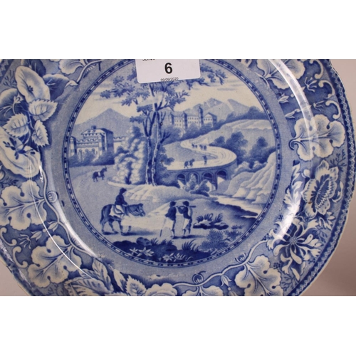 6 - A pair of early 19th century blue and white transfer decorated dishes with figures and buildings, 9