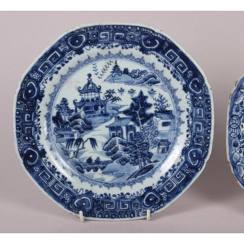 75 - An 18th century Chinese export blue and white porcelain willow pattern octagonal dish (frits to rim)... 