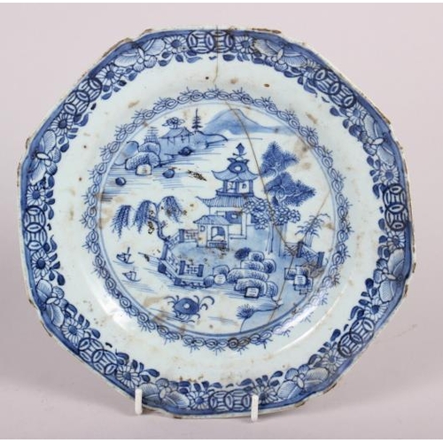 75 - An 18th century Chinese export blue and white porcelain willow pattern octagonal dish (frits to rim)... 