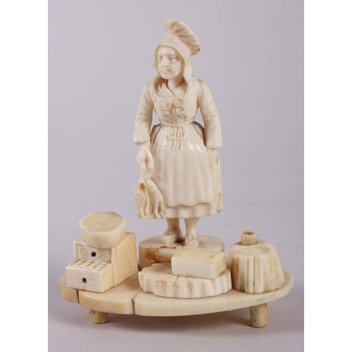 79 - A 19th century Dieppe ivory carving of a gentleman with two geese, on plinth base, 4 3/4