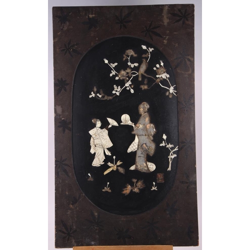 91 - A pair of Japanese inlaid panels, decorated figures