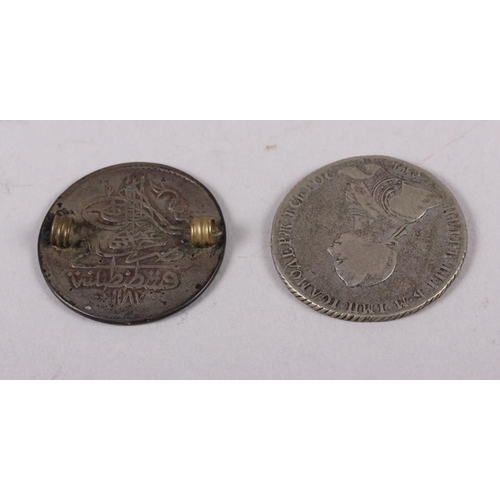 303 - A French silver coin, dated 1731, another dated 1770, a Russian silver 1-ruble coin, dated 1756, ano... 