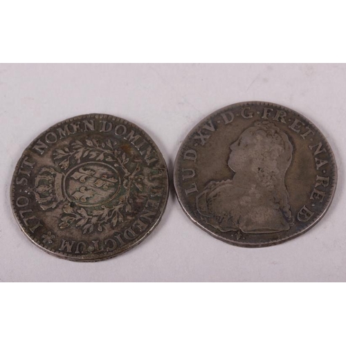 303 - A French silver coin, dated 1731, another dated 1770, a Russian silver 1-ruble coin, dated 1756, ano... 