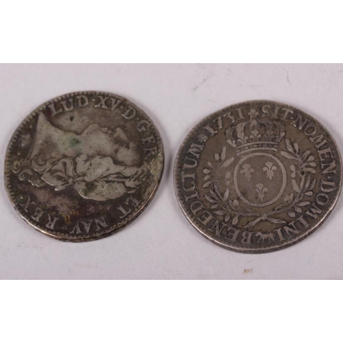 303 - A French silver coin, dated 1731, another dated 1770, a Russian silver 1-ruble coin, dated 1756, ano... 