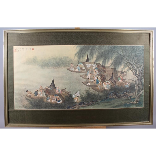 395 - A Chinese print, figures in boats on a river, 13 1/2