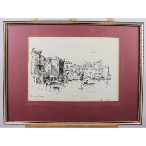 410 - Agnes Hawkins: pen and ink, Padstow quay, 8 1/4