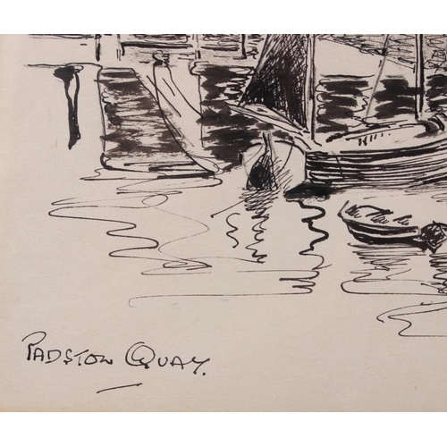 410 - Agnes Hawkins: pen and ink, Padstow quay, 8 1/4