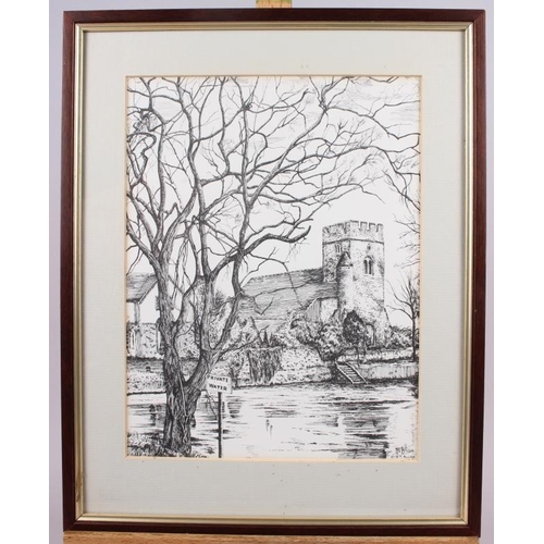 412 - D T Alan: a print of Goring church, 11 1/4