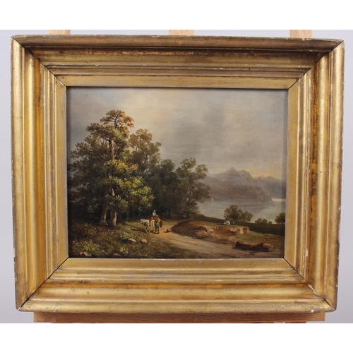 432 - A 19th century Continental lake scene with figures on horseback, 7