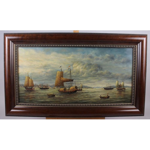 433 - An oil on board, Chinese harbour scene with sailing boats, 11 1/4