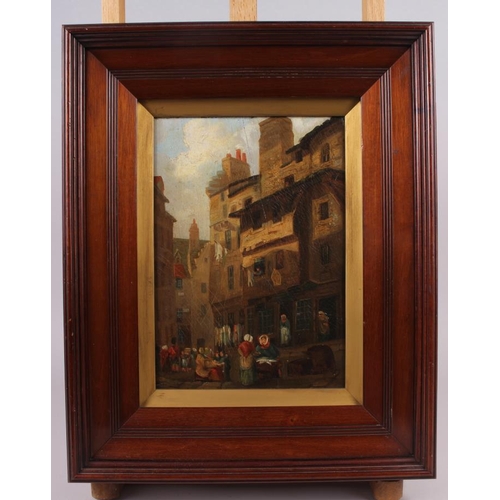 439 - A 19th century oil on panel, Continental scene with fishmarket, 10 1/2