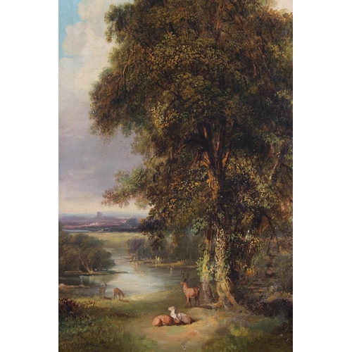 441 - A 19th century oil on canvas, landscape with deer, 13 1/2