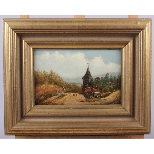 444 - J B Pyne: oil on board, Continental scene with church and road, 5