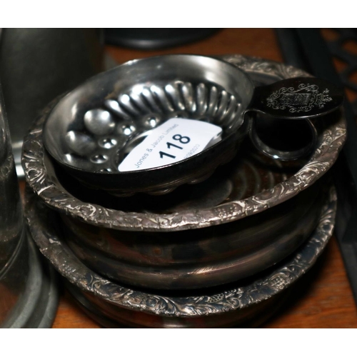 118 - A collection of pewter tankards, various, two bottle coasters and a plated taste vin