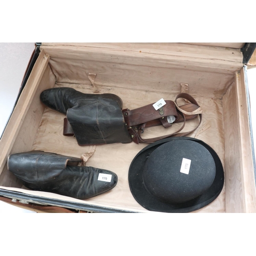 170 - A cowhide suitcase with Cunard White Star Line label and canvas outer case, a bowler hat, a pair of ... 