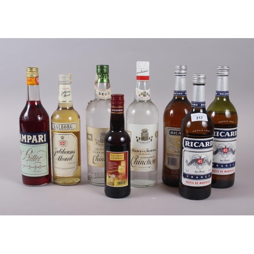 217 - A quantity of spirits, including Chinchon, Ricard, Campari, and a selection of miniatures