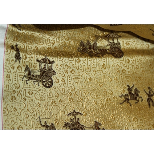 171 - A Chinese silk panel with horse and carriage design in shades of gold and khaki, 214