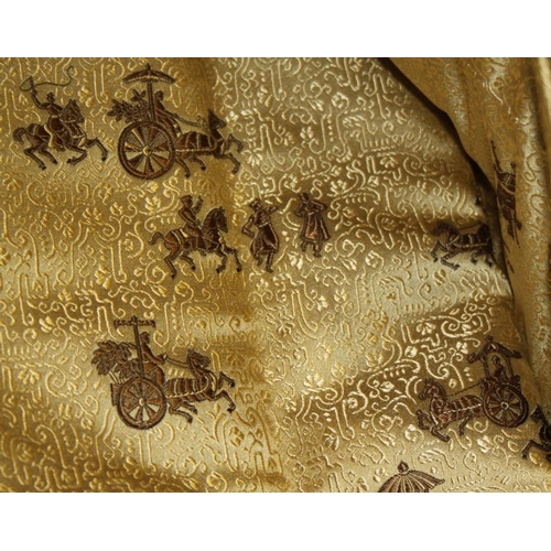 171 - A Chinese silk panel with horse and carriage design in shades of gold and khaki, 214