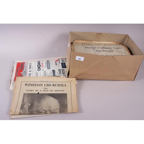 231 - Two albums of cigarette cards and a box of printed newspapers and ephemera