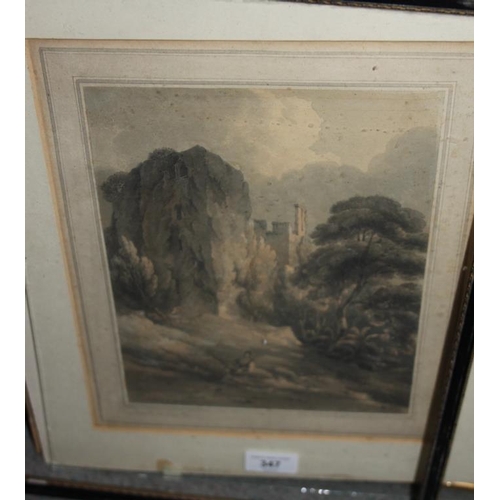 347 - An early 19th century watercolour, Raglan Castle, and C Schmidt: oil on canvas, lake scene