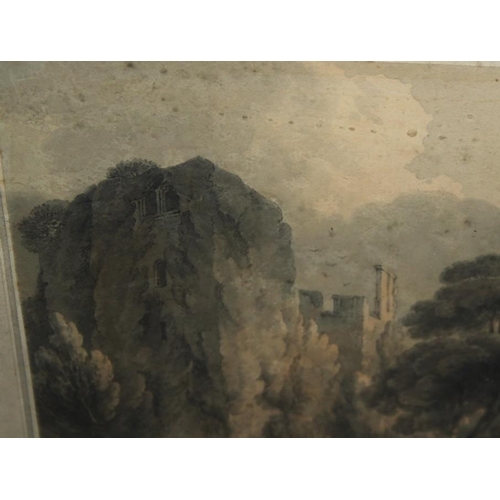 347 - An early 19th century watercolour, Raglan Castle, and C Schmidt: oil on canvas, lake scene