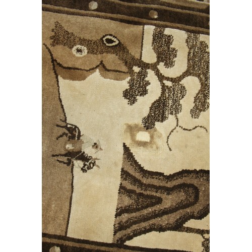 668 - A Chinese rug in shades of brown and beige, rural scenes depicting trees, hills, stags and a rider, ... 