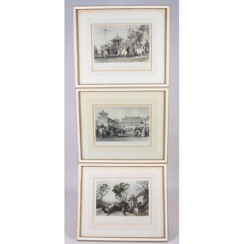 393 - Six coloured prints, views of Peking and Macao, in cream frames CHARITY/DISPOSE