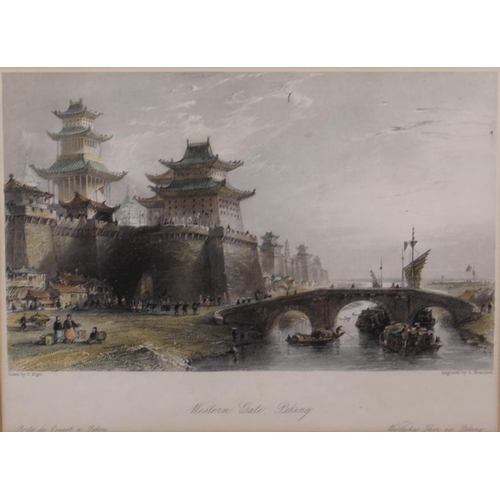 393 - Six coloured prints, views of Peking and Macao, in cream frames CHARITY/DISPOSE