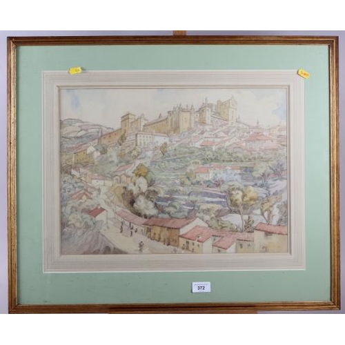 445 - Anne M Chan: a watercolour over pencil, Continental townscape with castle, 14