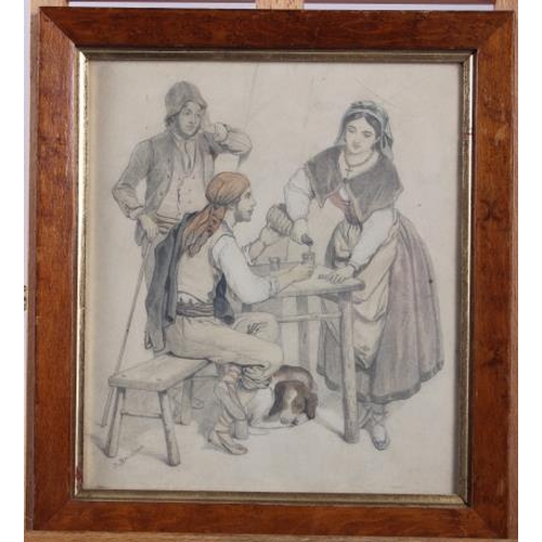 447 - D Bristow: pencil and watercolour, inn scene, in maple frame, and a 19th century watercolour sketch ... 