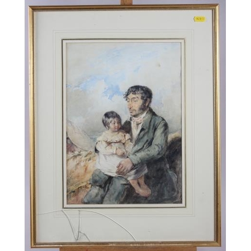 448 - T Feilding, 1832: watercolour portrait of a traveller and son, 14 1/22