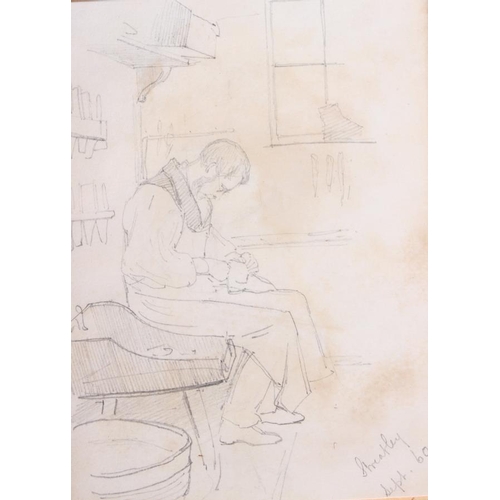 460 - Charles Silenn Lidderdale: pencil sketch, cobbler at workshop in Streatley, 6 1/4