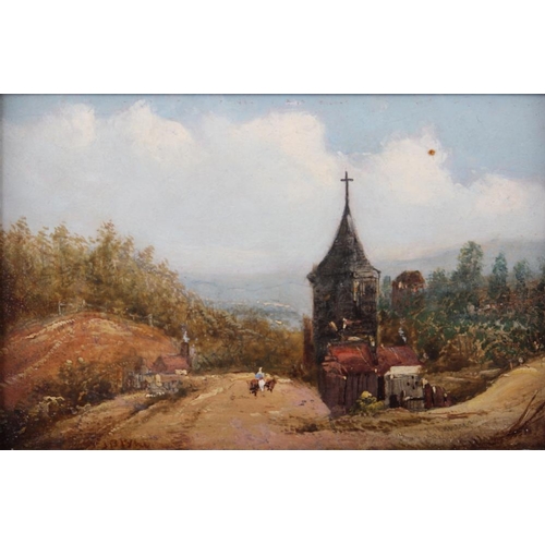 495 - J B Pyne: oil on board, Continental scene with church and road, 5