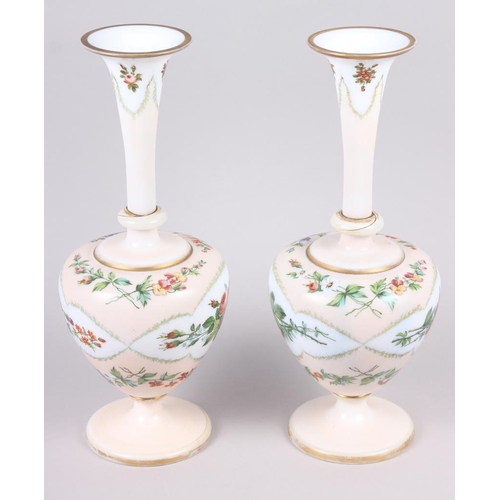 12 - A pair of 19th century opaline glass vases with floral decoration