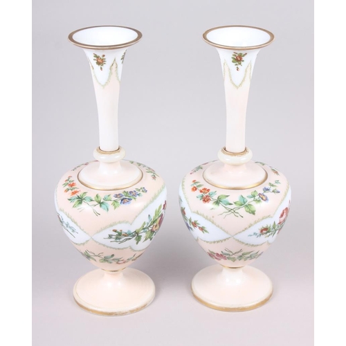 12 - A pair of 19th century opaline glass vases with floral decoration